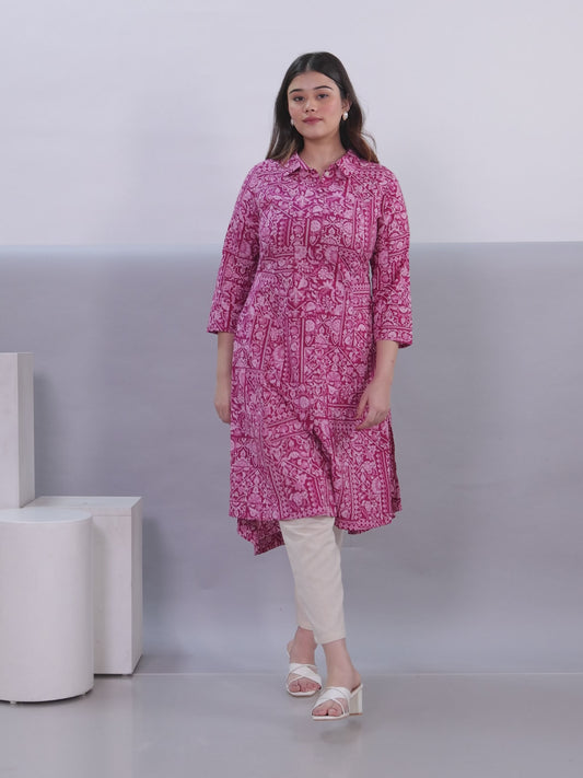 Soft Cotton Patchwork High Low Pink Kurta
