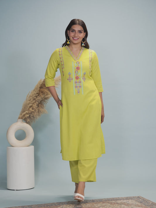 Embroidered Linen Cotton Solid A-line Lime Green Kurta