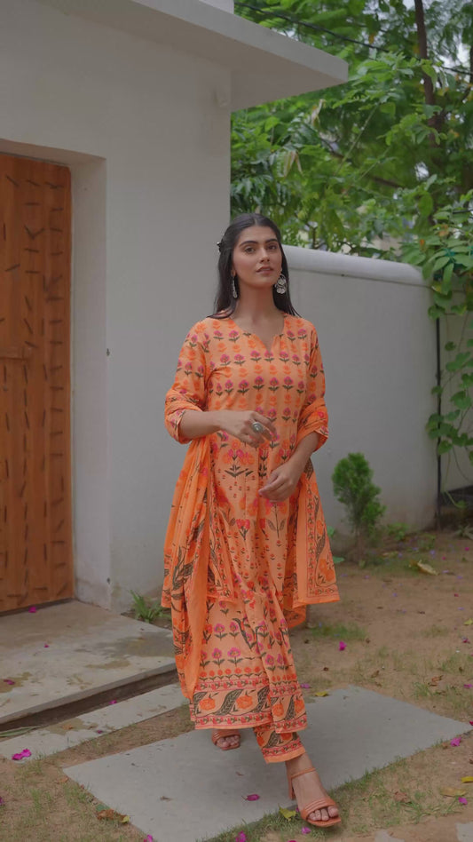 Soft Cotton Floral Anarkali Orange Kurta