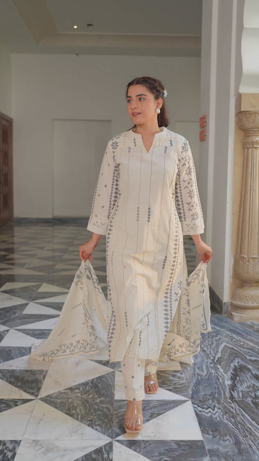 Soft Cotton Geometric Cream Tapered Kurta