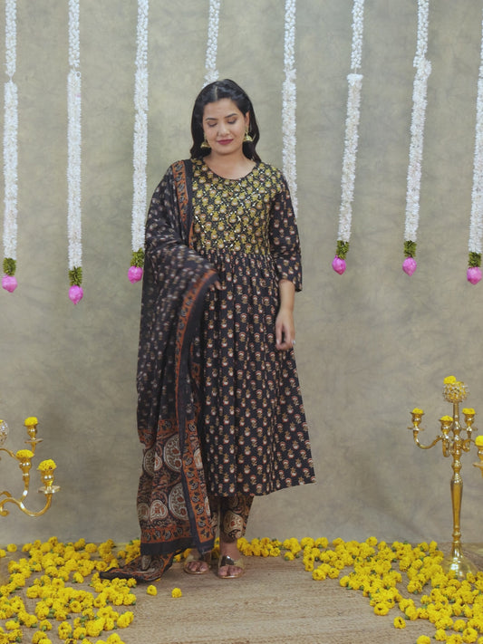 Embroidered Soft Cotton Butti A-line Black Kurta