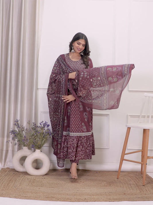 Embroidered Soft Cotton Floral Anarkali Maroon Kurta