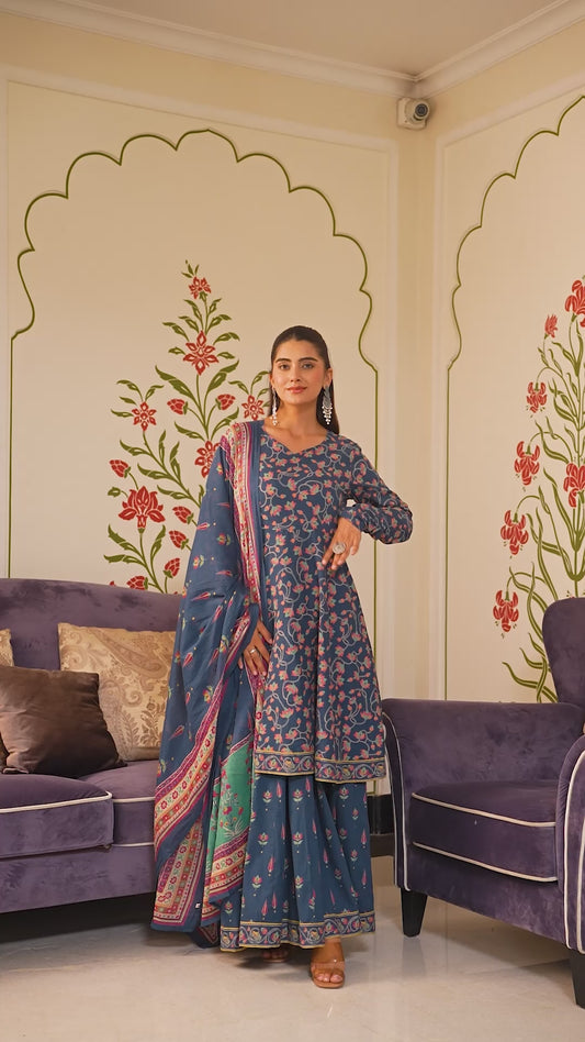 Soft Cotton Floral Anarkali Blue Kurta