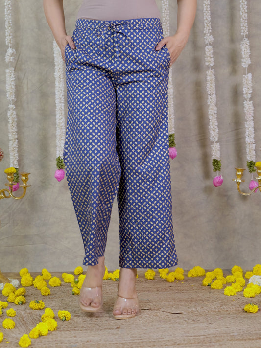 Viscose Gold foil Blue Flared Trousers