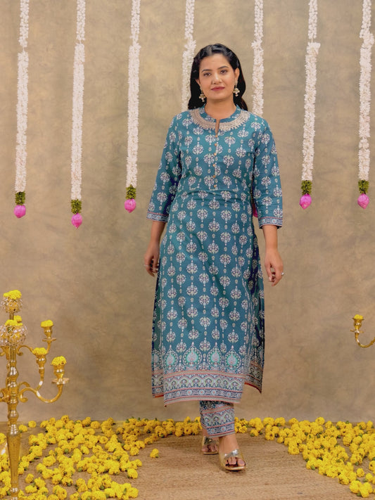 Embroidered Soft Cotton Floral Straight Blue Kurta