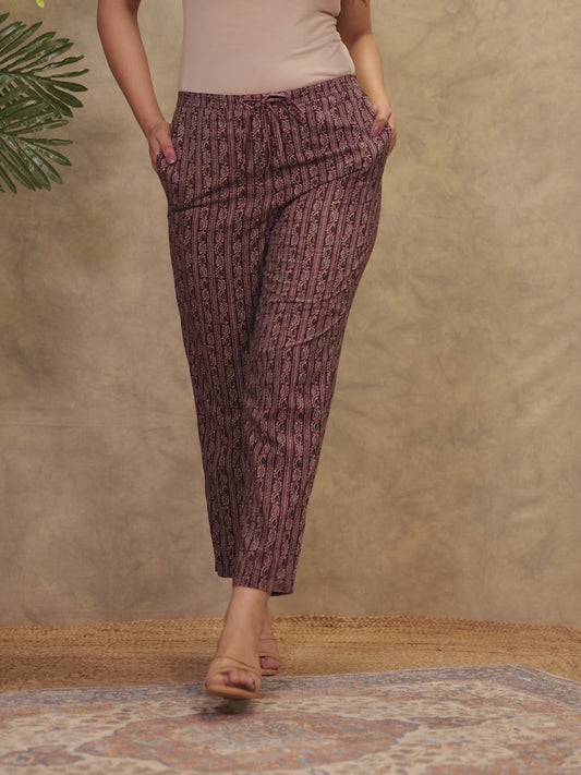 Soft Cotton Ajrakh Aubergine Tapered Trousers