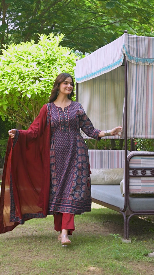 Soft Cotton Geometric A-line Blue Kurta
