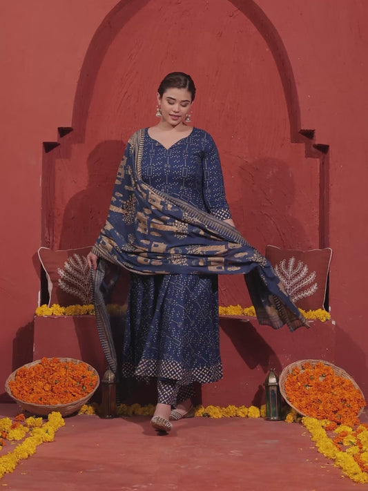 Viscose Gold foil Anarkali Blue Kurta