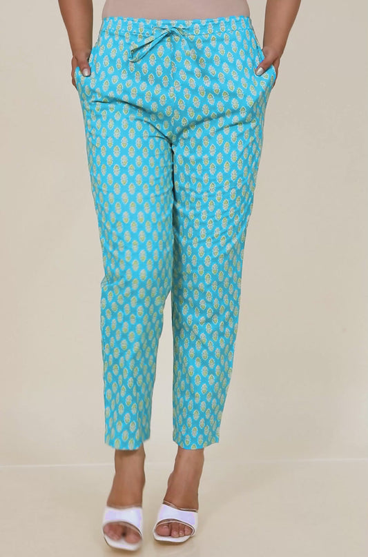 Soft Cotton Floral Blue Tapered Trousers