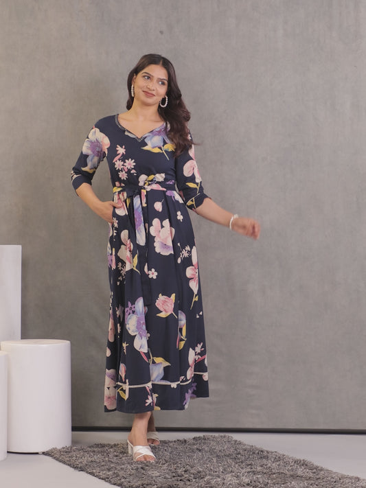 Embroidered Soft Cotton Floral Anarkali Blue Dress