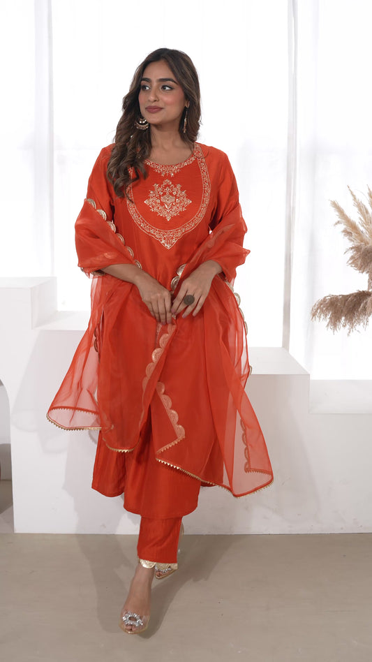 Embroidered Roman silk Solid Rust Orange Kurta
