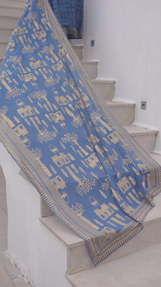 Viscose Gold foil Anarkali Blue Kurta