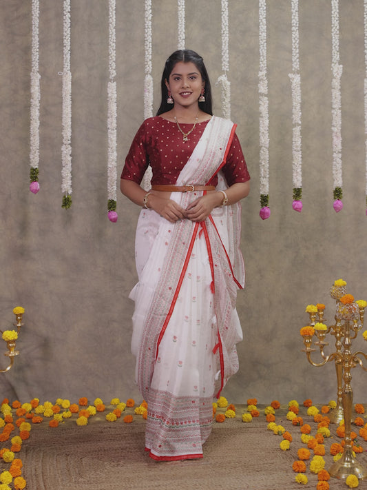 Embroidered Kota Doria Geometric Off White Saree