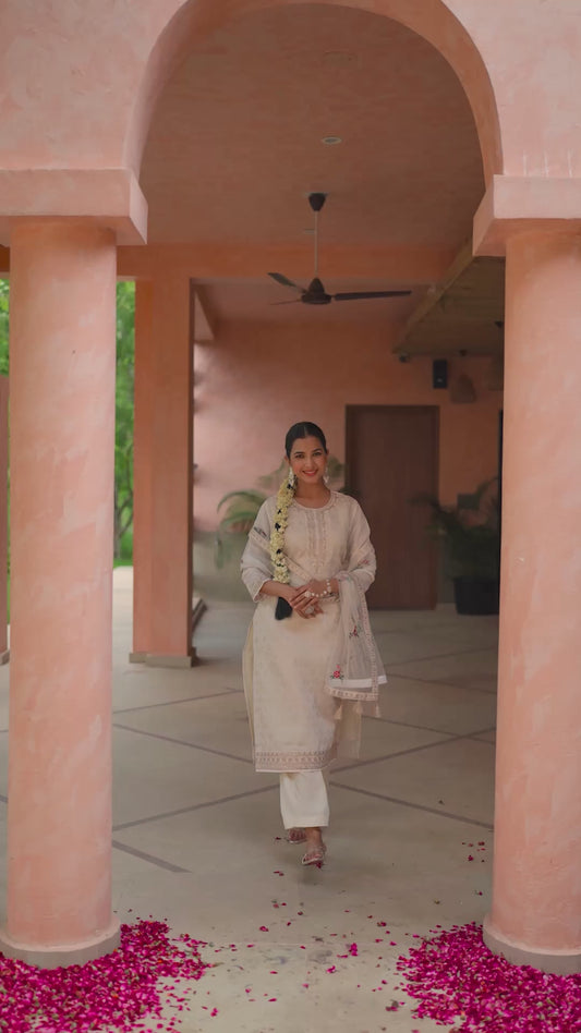Embroidered Brocade Solid Straight Beige Kurta