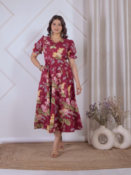 Embroidered Soft Cotton Floral Flared Maroon Dress