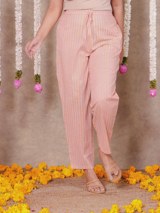 Soft Cotton Striped Peach Tapered Trousers