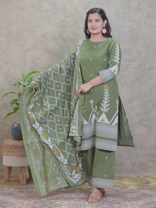 Soft Cotton Geometric Straight Green Kurta