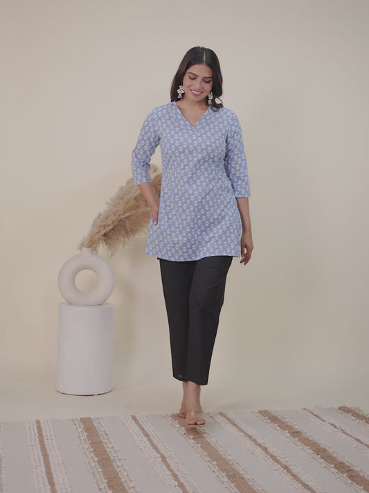 Soft Cotton Floral Straight Blue Kurti