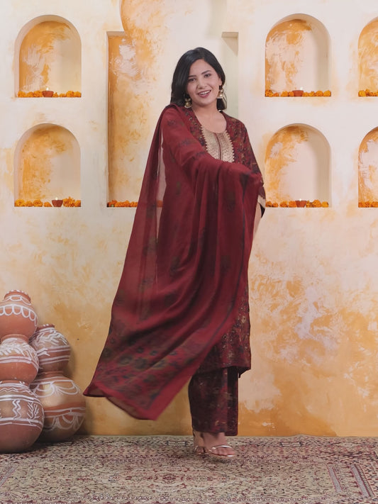 Embroidered Soft Cotton Floral Straight Maroon Kurta