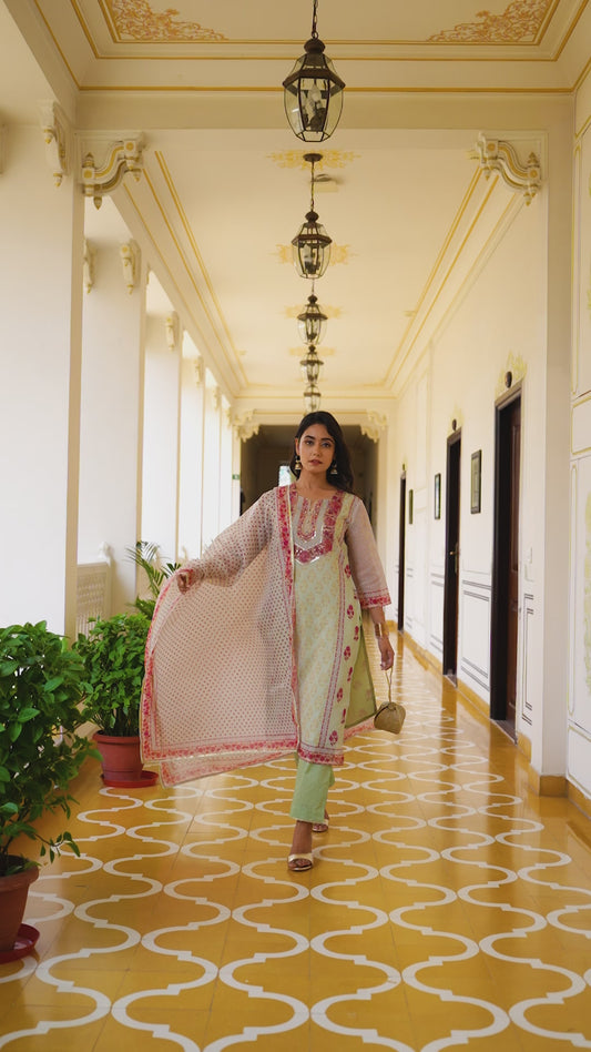 Embroidered Chanderi Floral Sage Green Kurta