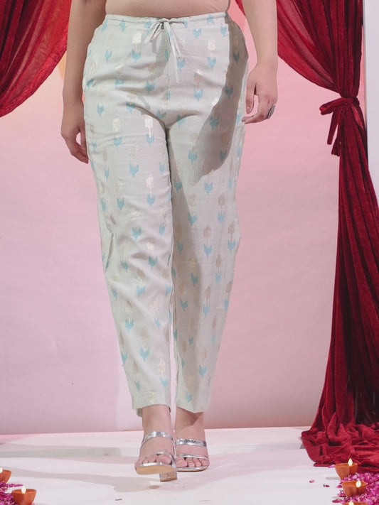 Chanderi Geometric Mint Green Tapered Tapered Trousers