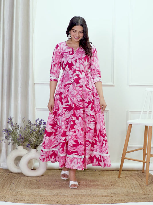 Soft Cotton Floral Anarkali Pink Dress