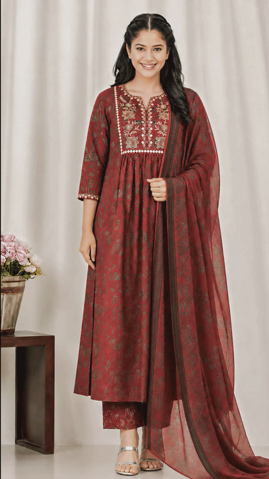 Embroidered Soft cotton Floral Flared Maroon Kurta