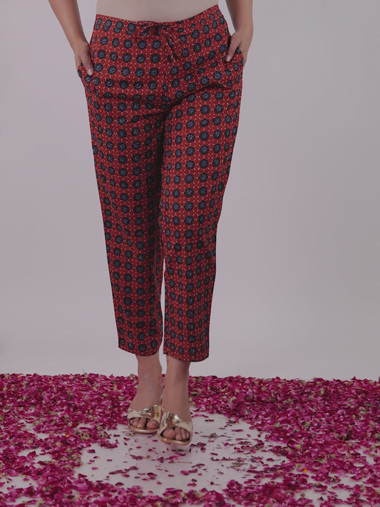Soft Cotton Geometric Orange Tapered Trousers
