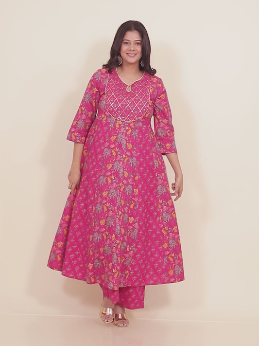 Embroidered Soft Cotton Floral Anarkali Pink Kurta