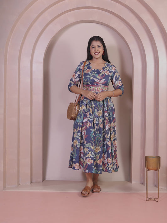 Embroidered Kantha Cotton Floral Flared Blue Dress
