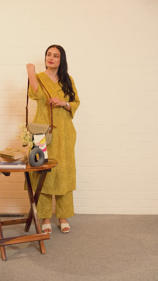 Slub cotton Floral Straight Mustard Kurta