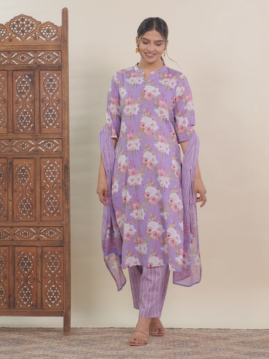 Soft Cotton Floral Straight Purple Kurta