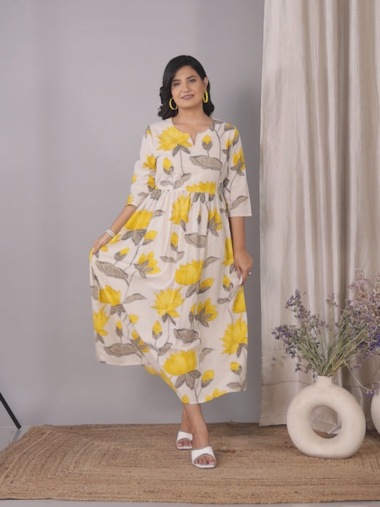 Linen Cotton Floral Gathered Off White Dress