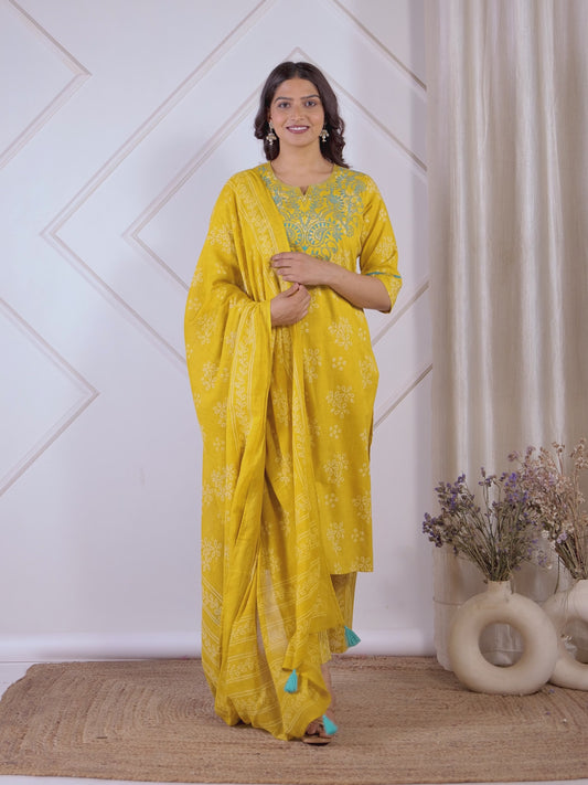 Embroidered Soft Cotton Bandhani Straight Yellow Kurta
