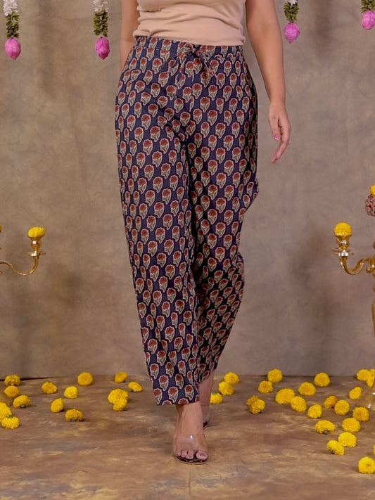 Soft Cotton Floral Navy Blue Tapered Trousers