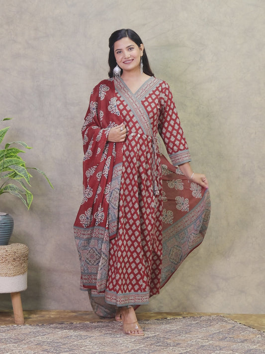 Soft Cotton Ajrakh Angrakha Red Kurta