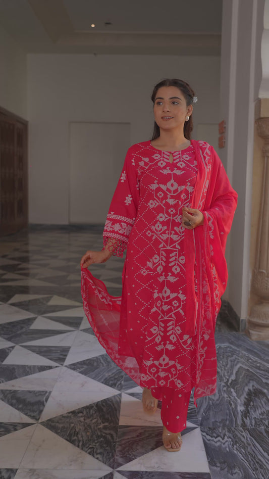 Soft Cotton Placement Print Straight Red Kurta