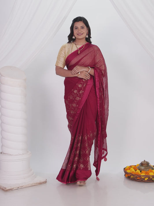 Chiffon Gold foil Pink Saree