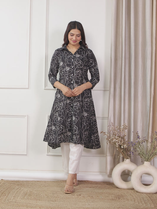 Soft Cotton Floral High Low Black Kurta