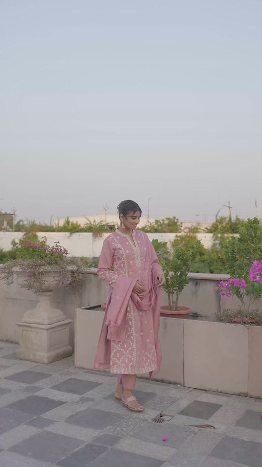 Embroidered Chiffon Solid Dusty Pink A-line Kurta