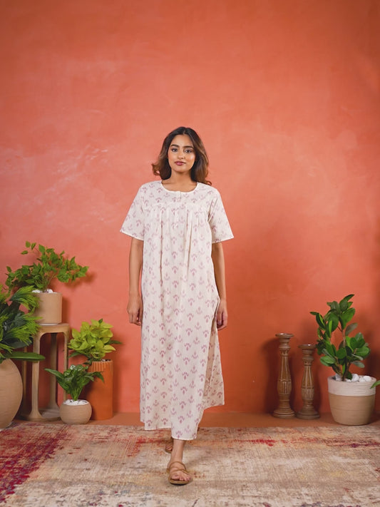 Soft Cotton Ikat A-line Cream Nighty