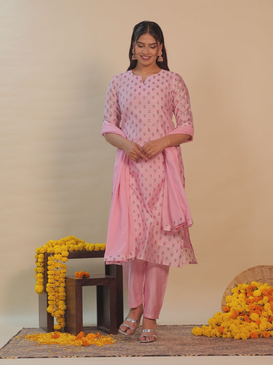 Chanderi Floral Straight Baby Pink Kurta