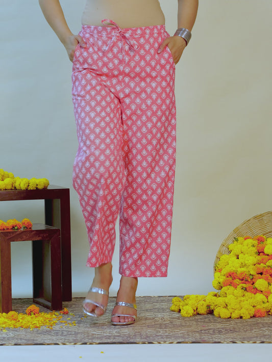 Soft Cotton Floral Peach Straight Trousers