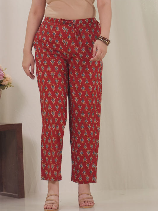 Soft Cotton Butti Red Tapered Tapered Trousers