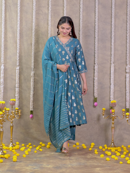 Roman silk Gold foil Angrakha Teal Kurta