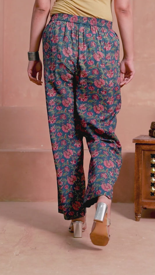 Soft Cotton Block Print Blue Straight Trousers