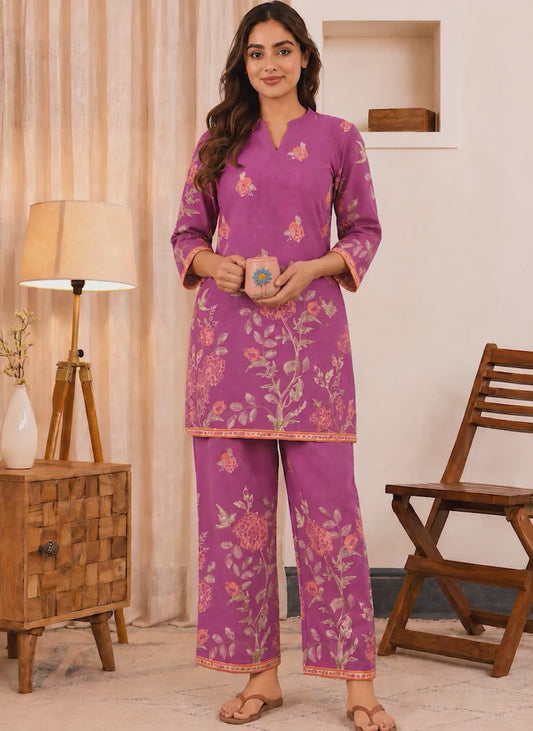 Linen Cotton Placement Print Straight Purple Kurta
