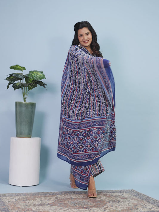 Soft Cotton Geometric Straight Blue Kurta