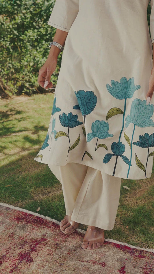 Embroidered Linen cotton Placement Print Straight Off White Kurta
