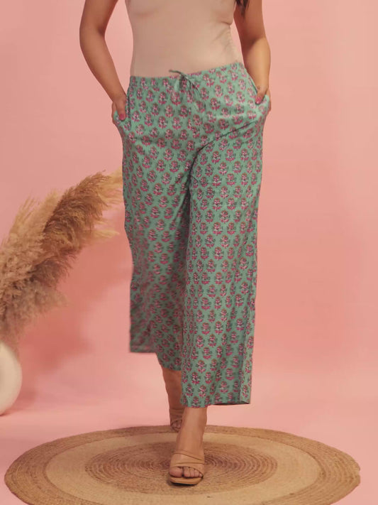 Soft Cotton Floral Green Flared Trousers